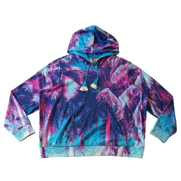 Torrid Blue Pink Hoodie Cover-Up Lightweight Fleece Palm Tree Beachy Cozy Soft - Picture 2 of 9